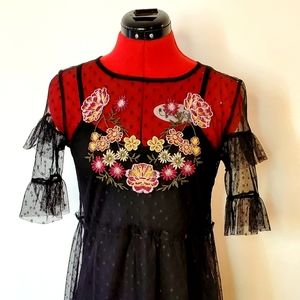 Embroidered Slip Dress w/Chiffon Pindot Overlay